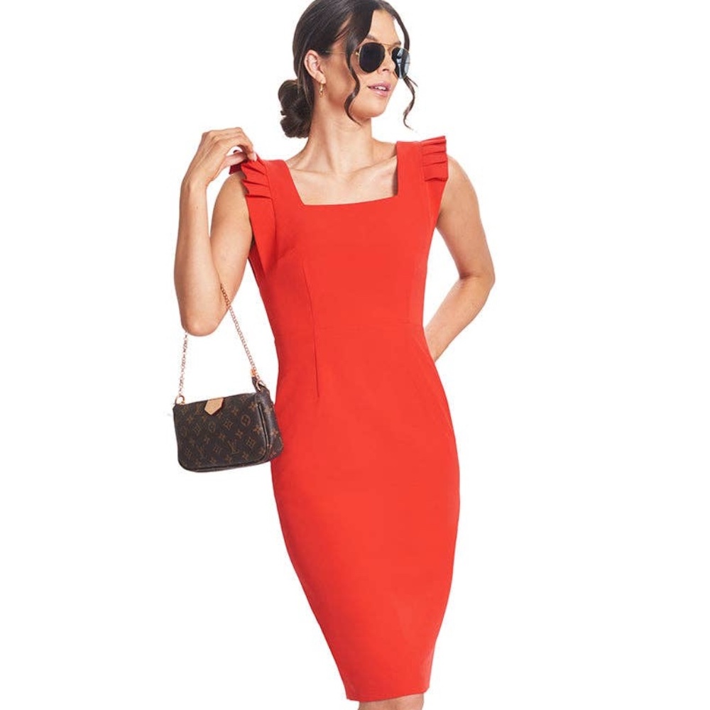Monarch Dress - Midi Dress with Square Neck and Pleated Shou